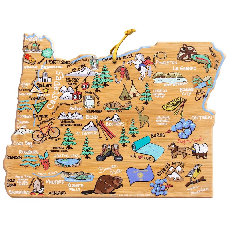 Totally Bamboo Oregon State Shaped Cutting Board and Charcuterie Serving Platter with Artwork by Fish Kiss Includes Hang Tie for Wall Display