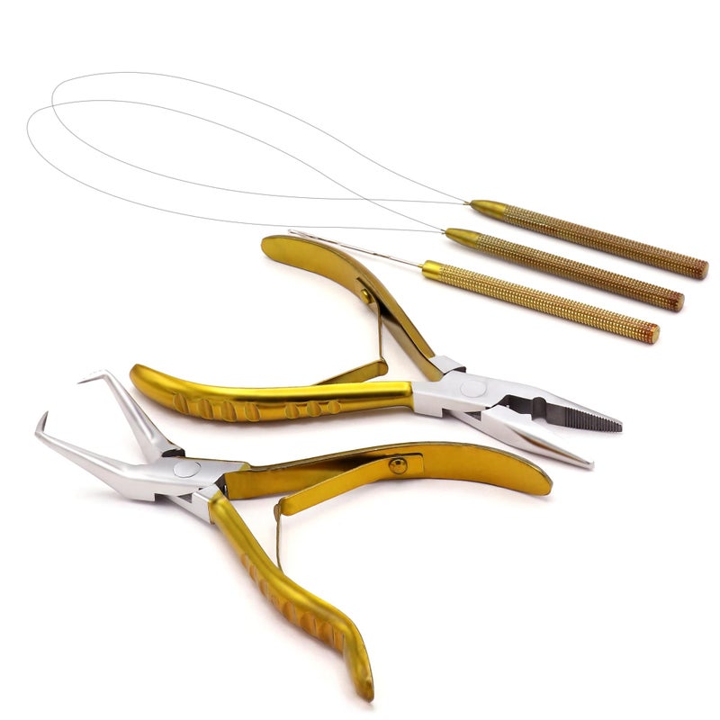 Professional Hair Extension Beading Tool Kit Remove Plier Set for beads 4 Piece ILink Micro Ring Loop Needle Pulling Hook Threader Wire for Silicone Rings Yellow