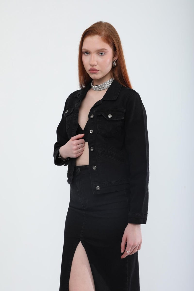 Banny Jeans Women's Pocket Detailed Slim Fit Jean Jacket Black - Image 1