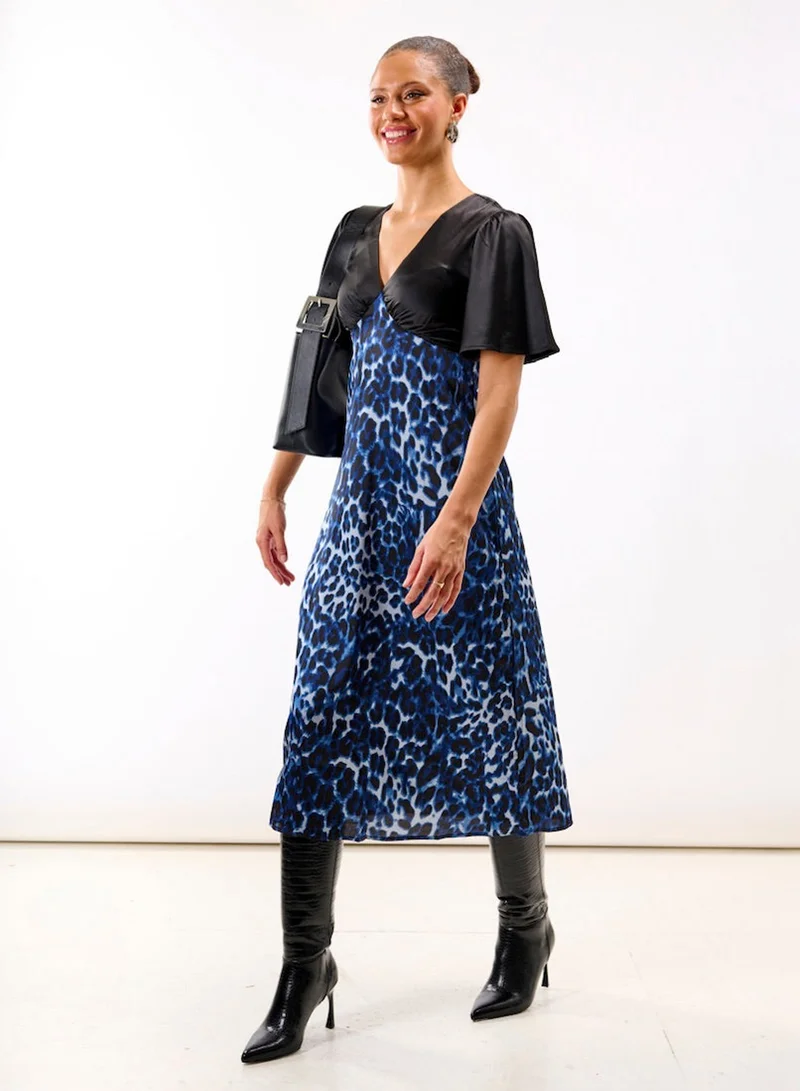 Blue Leopard Printed Satin Midi Dress