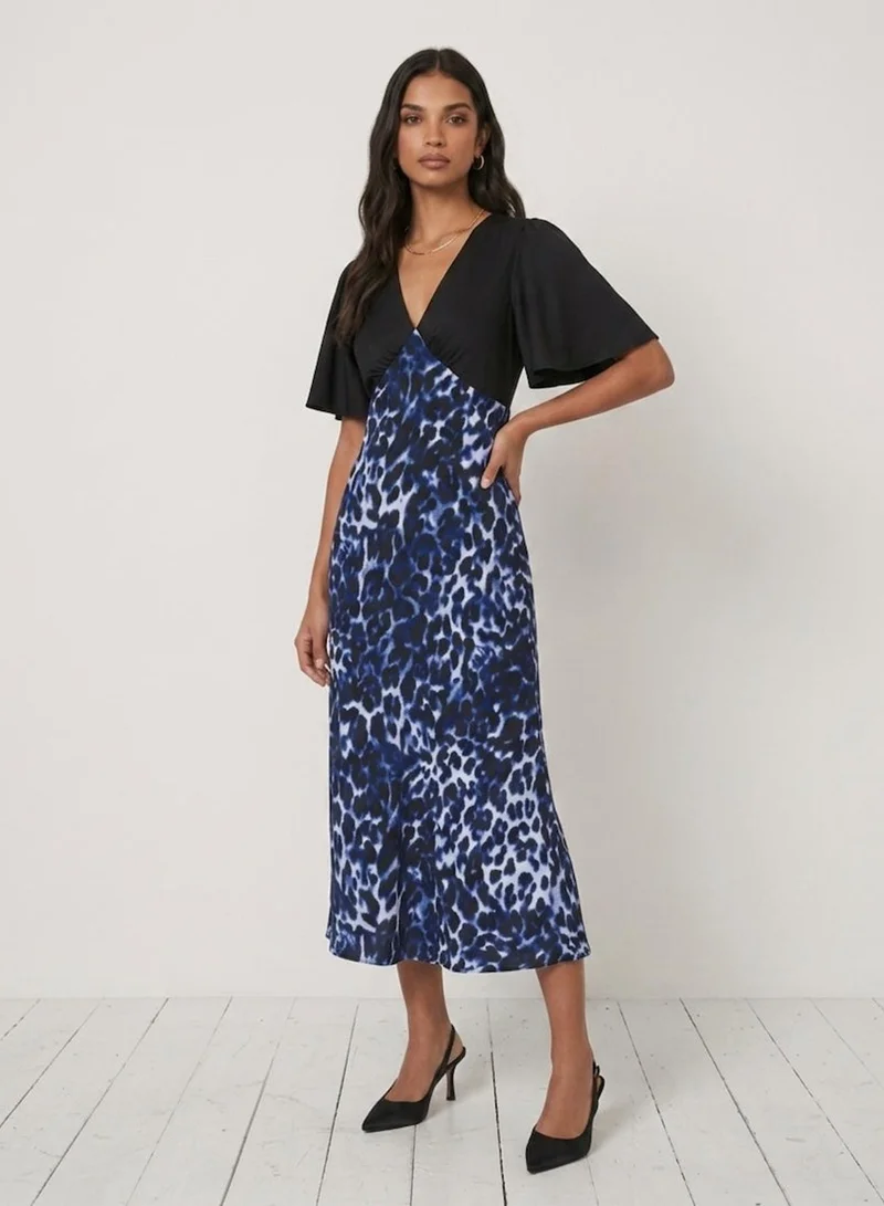 Needs No Label Blue Leopard Printed Satin Midi Dress