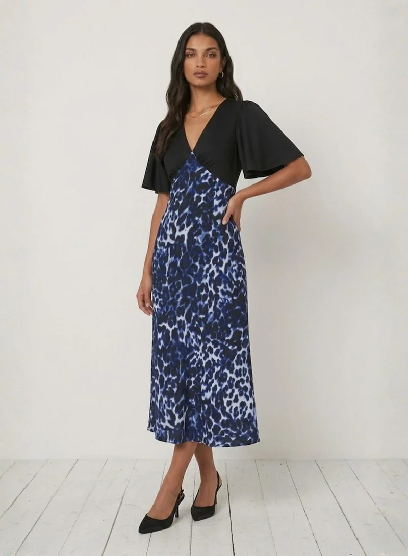 Blue Leopard Printed Satin Midi Dress