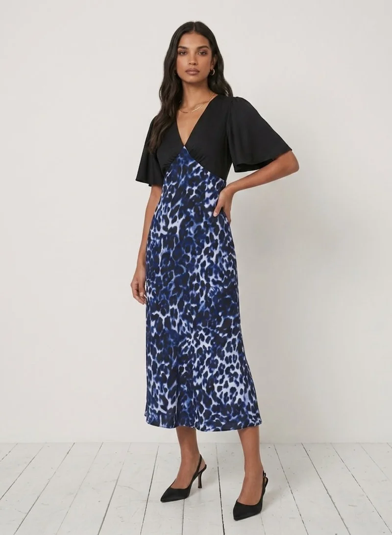 نيدز نو ليبل Blue Leopard Printed Satin Midi Dress