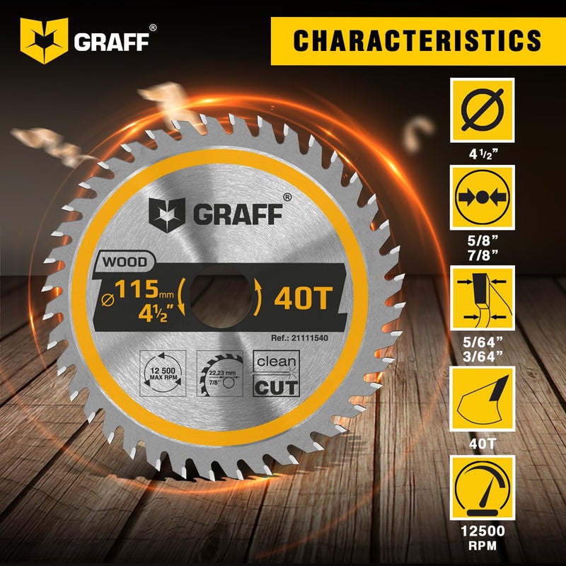 GRAFF 4-1/2 Inch Angle Grinder Circular Saw Blade for Wood, Plywood, Laminate, Drywall, Plastic â€“ 40-Teeth Wood Cutting Disc with 7/8 Inch Arbor from GRAFF - Image 2