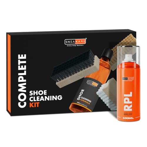 SNEAKARE Complete Shoe Cleaning Kit - 100ml Shoe Cleaner, 3 Brushes (Soft, Medium, Stiff), Microfiber Towel I RPL Spray (100ml) - Water & Stain Repellent Shoe Protector Hydrophobic Spray - Image 1