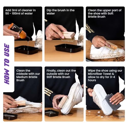 SNEAKARE Complete Shoe Cleaning Kit - 100ml Shoe Cleaner, 3 Brushes (Soft, Medium, Stiff), Microfiber Towel I RPL Spray (100ml) - Water & Stain Repellent Shoe Protector Hydrophobic Spray - Image 5