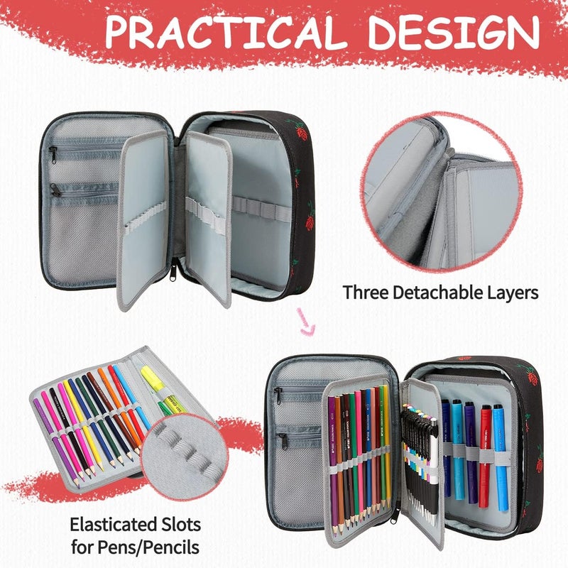 VASCHY Large Pencil Case Bag, Art Supply Marker Organizer Big Pen Pouch with Detachable Layers Slots Multiple Zipper Pockets for Kids Adults School Office Black Rose - Image 3