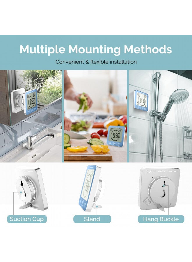 KADAMS Digital Bathroom Shower Kitchen Wall Clock Timer with Alarm, Waterproof for Water Spray, Touch Screen Timer, Temperature Humidity, Suction Cup Hanging Hole Stand - Blue - Image 2