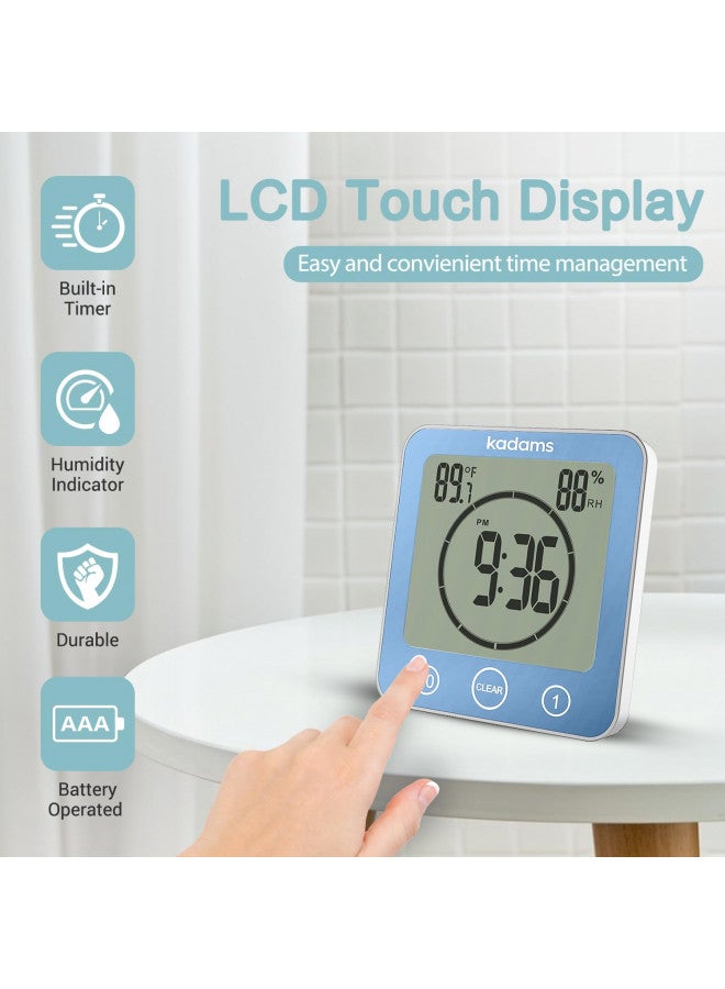 KADAMS Digital Bathroom Shower Kitchen Wall Clock Timer with Alarm, Waterproof for Water Spray, Touch Screen Timer, Temperature Humidity, Suction Cup Hanging Hole Stand - Blue - Image 4