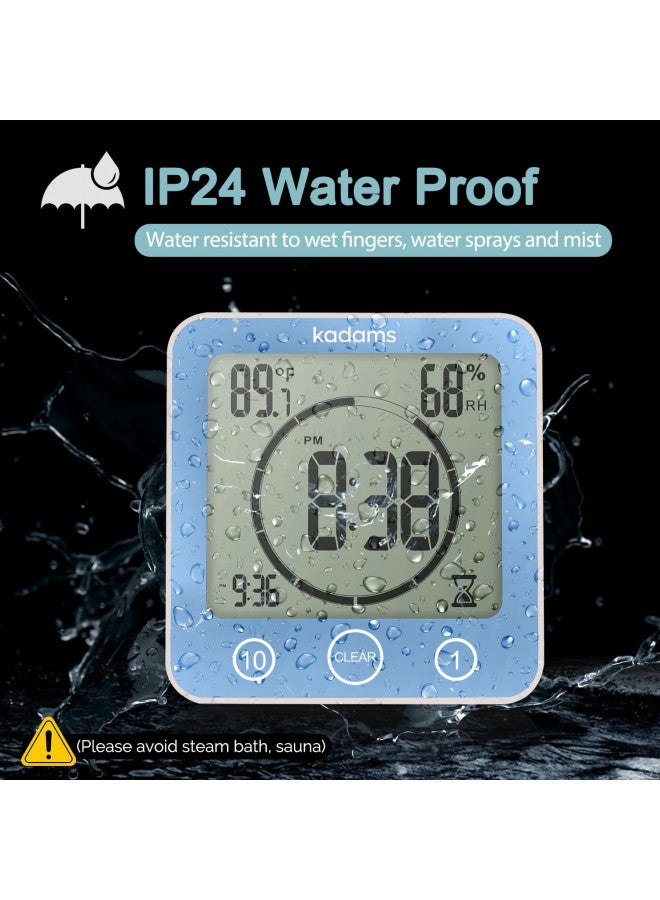 KADAMS Digital Bathroom Shower Kitchen Wall Clock Timer with Alarm, Waterproof for Water Spray, Touch Screen Timer, Temperature Humidity, Suction Cup Hanging Hole Stand - Blue - Image 3