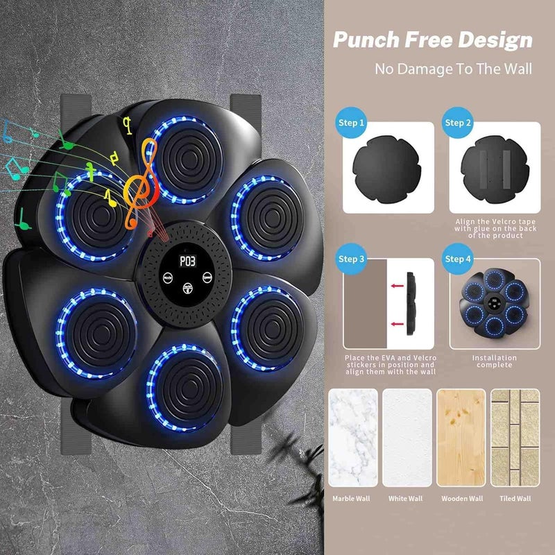 Glaceon Music Boxing Machine with 9 Speed Modes, Smart Music Boxing Machine with Bluetooth & LED Light, Boxing Machine Wall Mounted, Wall Target Training Devices for Adult Kid Home Exercises (GL-02) - Image 5