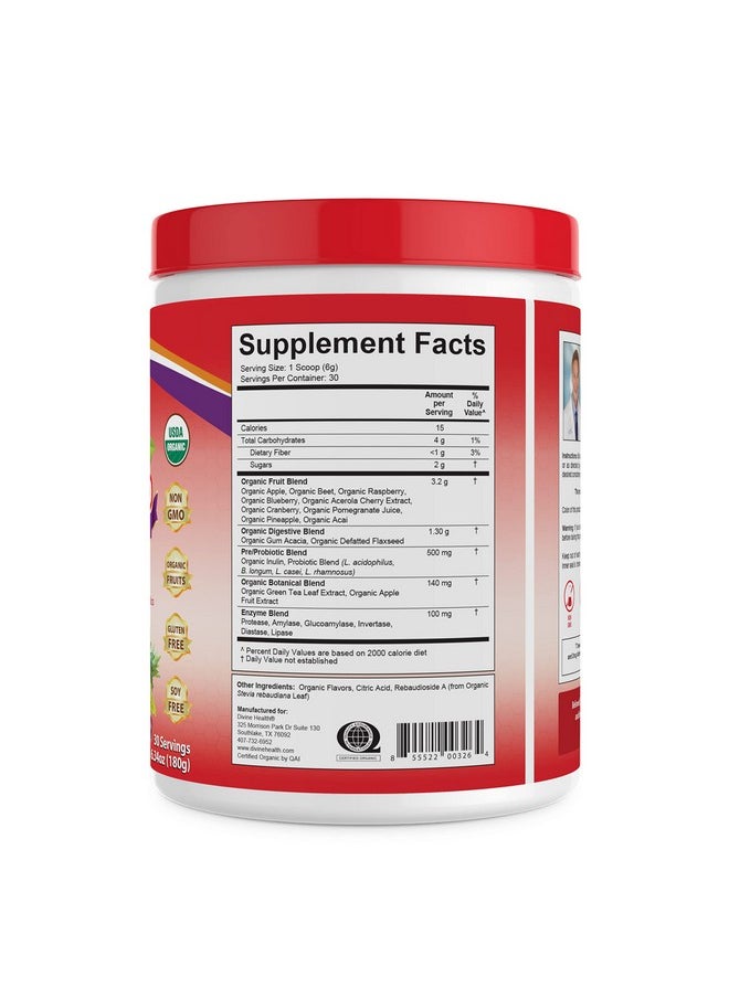 Divine Health - Organic Red Supremefood®  10 Organic Fruits + Probiotics Enzymes Herbs Fiber  Antioxidants  Nongmo Berry Flavored Blend  180G 30 Day Supply - Image 1