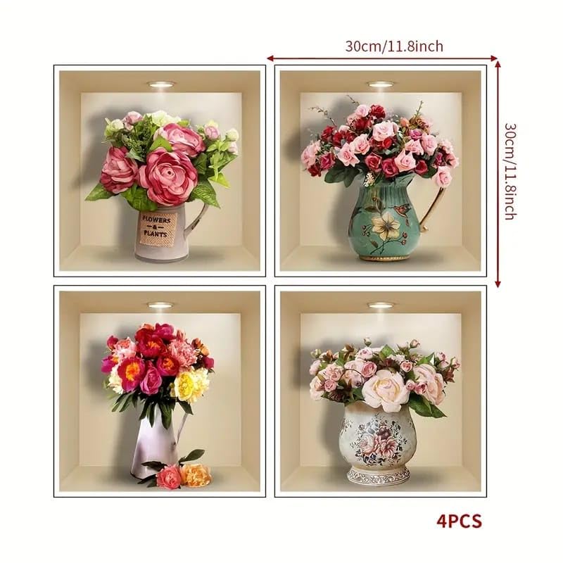 AARKRI SALES 3D Type Wall Paper Stickers | Sqare Flower Pot Wallpaper Self Adhesive Stickers | 3D DIY Frame Size -30 cm x 30 cm (Pack of - 4pcs) (Rose) - Image 2