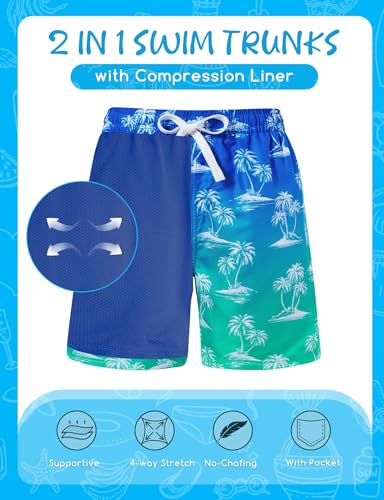 ZenGents Boys Swim Trunks Size 10-12 Boy Hawaiian Palm Tree Bathing Swimming Suit with Compression Liner Kids Tropical Board Shorts Swimsuit Swimwear 12-14 - Image 5