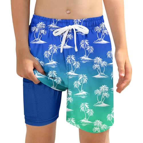 ZenGents Boys Swim Trunks Size 10-12 Boy Hawaiian Palm Tree Bathing Swimming Suit with Compression Liner Kids Tropical Board Shorts Swimsuit Swimwear 12-14 - Image 1