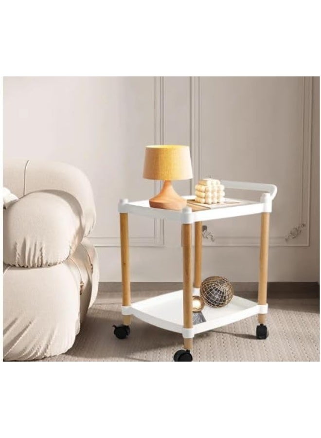 Spaceshoop Plastic Utility Cart, with Handle And Wheels Wooden Legs Storage Table Bedroom Hotel Restaurant Cafe Dining Cart for storage of items in the beauty salon (white, 2 Tier)  - Image 5