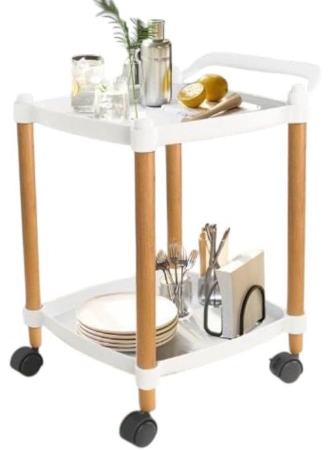 Spaceshoop Plastic Utility Cart, with Handle And Wheels Wooden Legs Storage Table Bedroom Hotel Restaurant Cafe Dining Cart for storage of items in the beauty salon (white, 2 Tier)  - Image 1