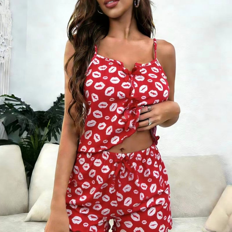 Women's Printed Contrast Color Camisole Sleepwear Set - Image 1