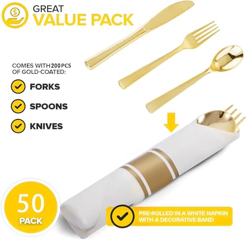 Joyido 50Guests Pre Rolled Gold Plastic Silverware Sets Heavy Duty Gold Cutlery Include 50 Pack Wrapped Disposable Utensils with Napkins for Parties Dinners Weddings - Image 5