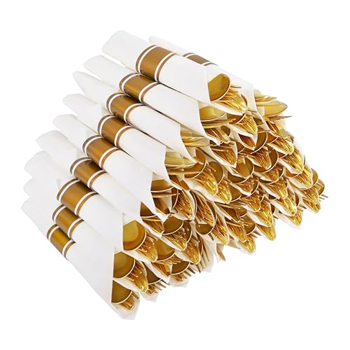 Joyido 50Guests Pre Rolled Gold Plastic Silverware Sets Heavy Duty Gold Cutlery Include 50 Pack Wrapped Disposable Utensils with Napkins for Parties Dinners Weddings - Image 2