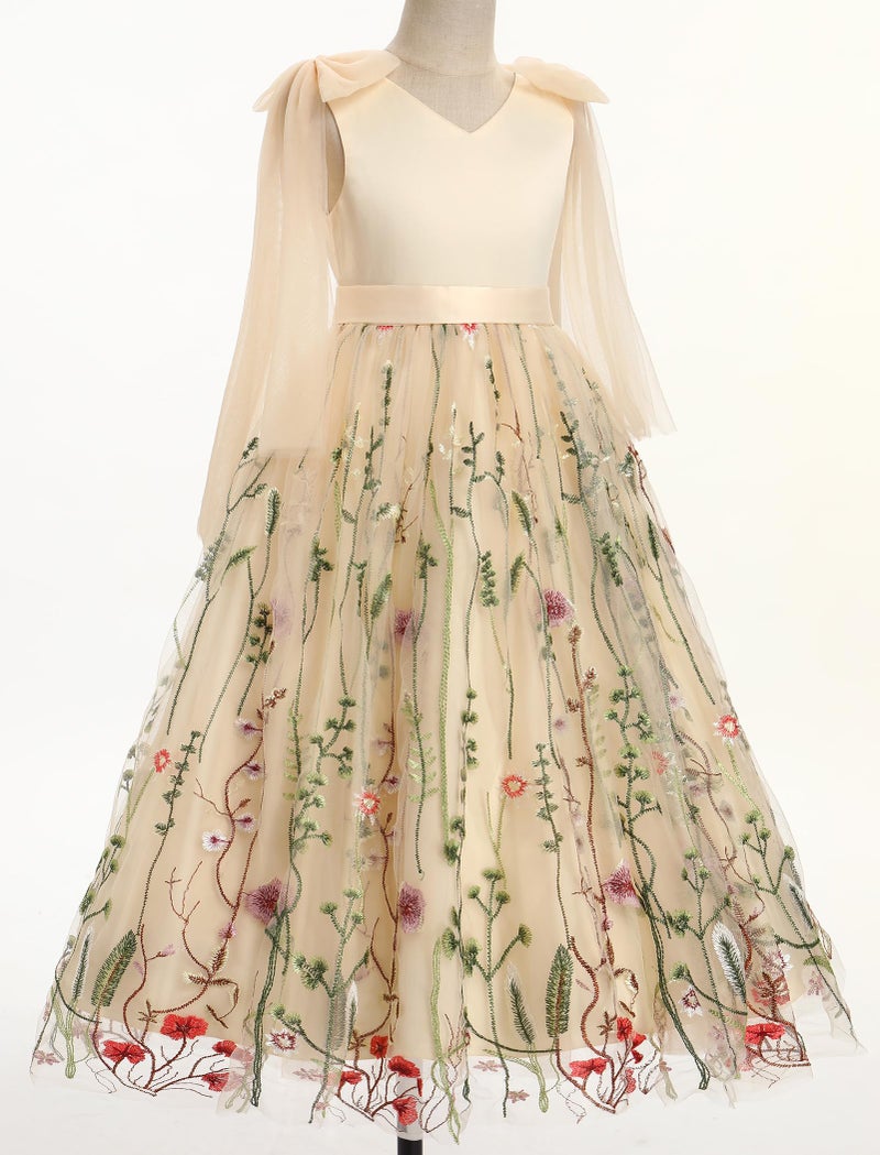 IBAKOM Flower Girl Maxi Dress for Wedding Formal Bridesmaid Satin Top Floral Embroidered Tulle Skirt V Neck Tea Pageant Party First Communion Dresses Princess Backless Ball Evening Gown Apricot 7-8 Years - Image 3