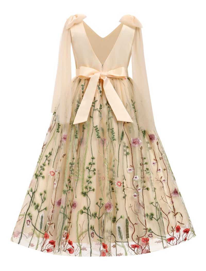 IBAKOM Flower Girl Maxi Dress for Wedding Formal Bridesmaid Satin Top Floral Embroidered Tulle Skirt V Neck Tea Pageant Party First Communion Dresses Princess Backless Ball Evening Gown Apricot 7-8 Years - Image 1