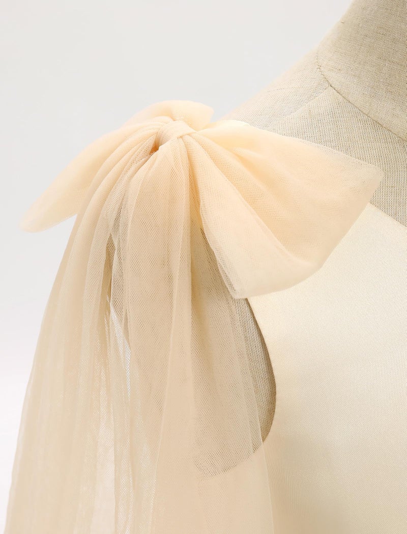 IBAKOM Flower Girl Maxi Dress for Wedding Formal Bridesmaid Satin Top Floral Embroidered Tulle Skirt V Neck Tea Pageant Party First Communion Dresses Princess Backless Ball Evening Gown Apricot 7-8 Years - Image 5