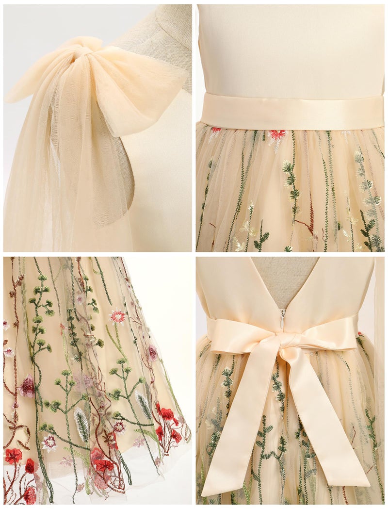 IBAKOM Flower Girl Maxi Dress for Wedding Formal Bridesmaid Satin Top Floral Embroidered Tulle Skirt V Neck Tea Pageant Party First Communion Dresses Princess Backless Ball Evening Gown Apricot 7-8 Years - Image 2
