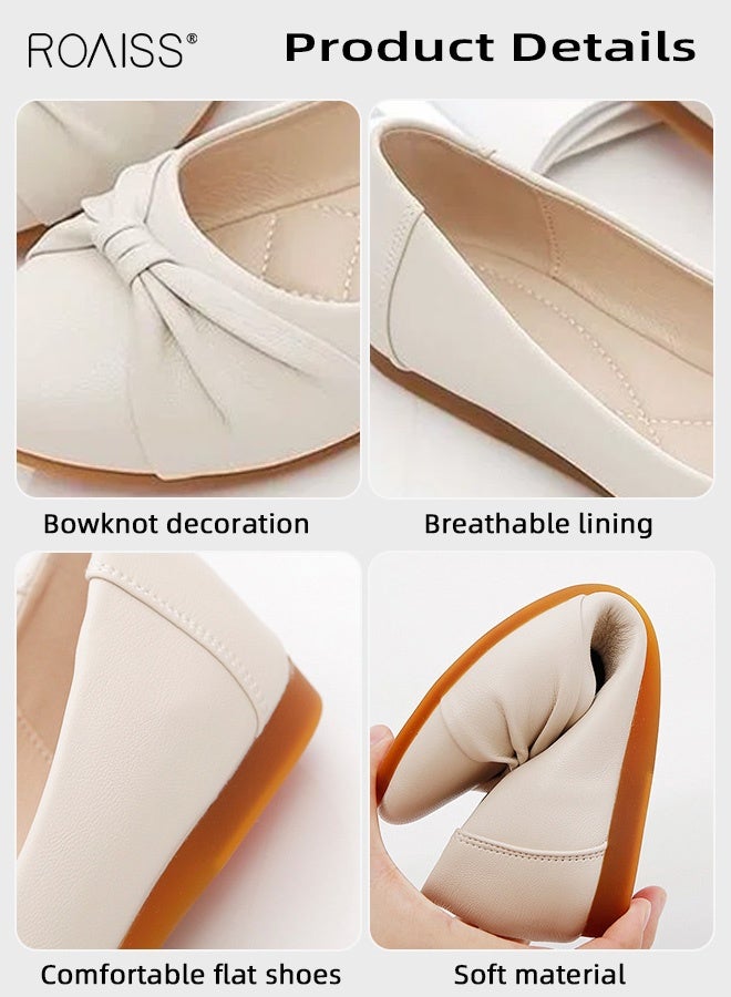 roaiss Women's Slip-On Shoes Soft Leather Soft Sole Loafers Comfortable and Breathable Shallow Lip Bow Decoration, Non-Slip Soles for Daily Casual Wear, Perfect for Easy and Stylish Everyday Outfits Beige - Image 5