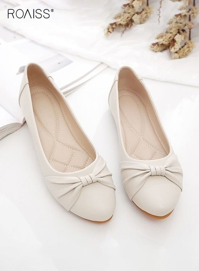 roaiss Women's Slip-On Shoes Soft Leather Soft Sole Loafers Comfortable and Breathable Shallow Lip Bow Decoration, Non-Slip Soles for Daily Casual Wear, Perfect for Easy and Stylish Everyday Outfits Beige - Image 2