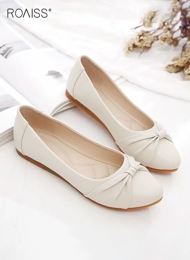roaiss Women's Slip-On Shoes Soft Leather Soft Sole Loafers Comfortable and Breathable Shallow Lip Bow Decoration, Non-Slip Soles for Daily Casual Wear, Perfect for Easy and Stylish Everyday Outfits Beige - Image 1