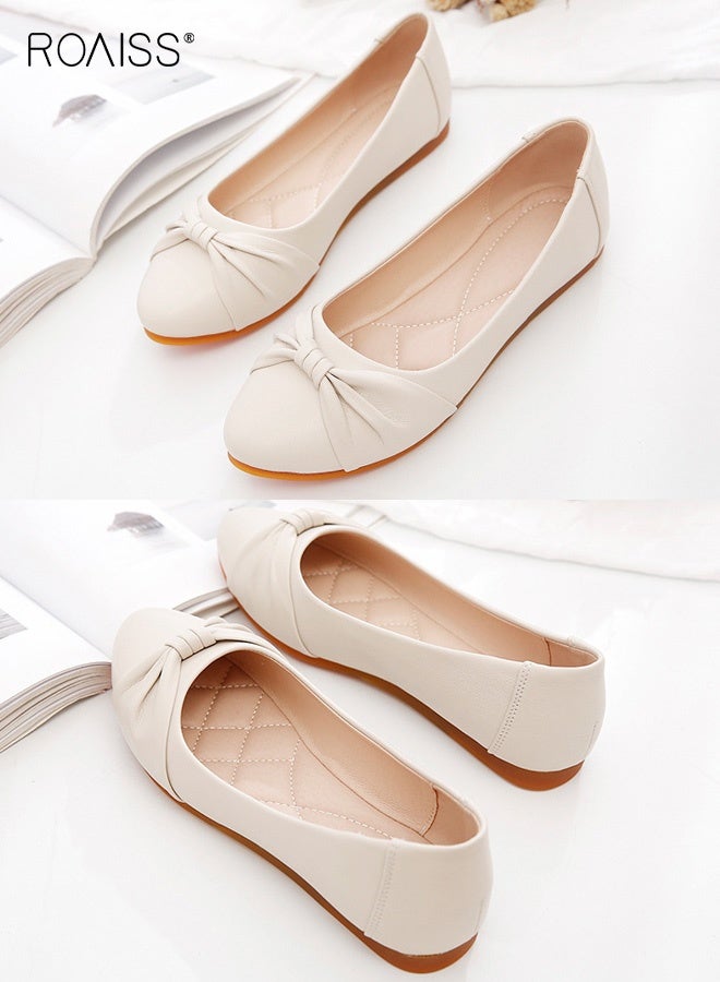 roaiss Women's Slip-On Shoes Soft Leather Soft Sole Loafers Comfortable and Breathable Shallow Lip Bow Decoration, Non-Slip Soles for Daily Casual Wear, Perfect for Easy and Stylish Everyday Outfits Beige - Image 4