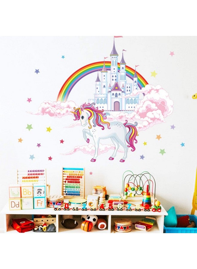 ROFARSO Colorful Unicorn Castle Stars Rainbow Clouds Large Wall Stickers Peel and Stick Removable Wall Decals DIY Decorations Decor for Nursery Baby Girls Bedroom Playroom Living Room - Image 1