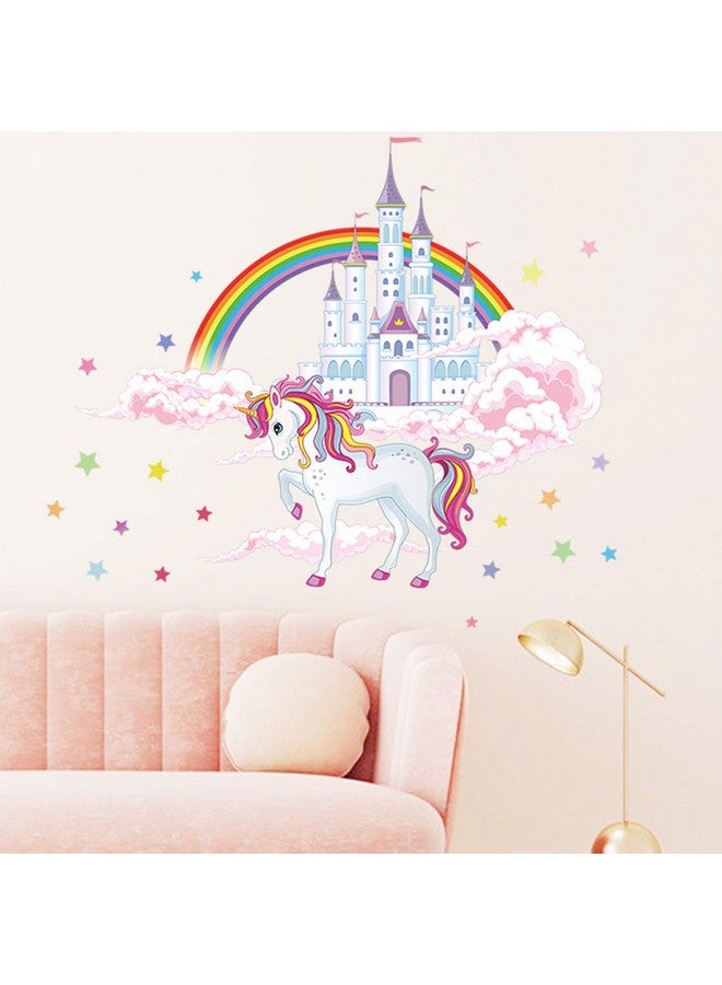 ROFARSO Colorful Unicorn Castle Stars Rainbow Clouds Large Wall Stickers Peel and Stick Removable Wall Decals DIY Decorations Decor for Nursery Baby Girls Bedroom Playroom Living Room - Image 2