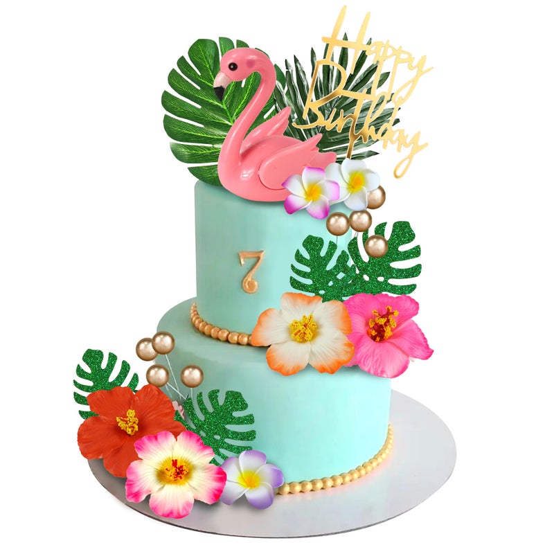 DRWATE 23 PCS Flamingo Cake Toppers Summer Cake Decoration with Cute Pink Flamingo Figures and Hibiscus Flower Palm Leaves for Hawaiian Aloha Themed Party Supplies Type 1 - Image 2