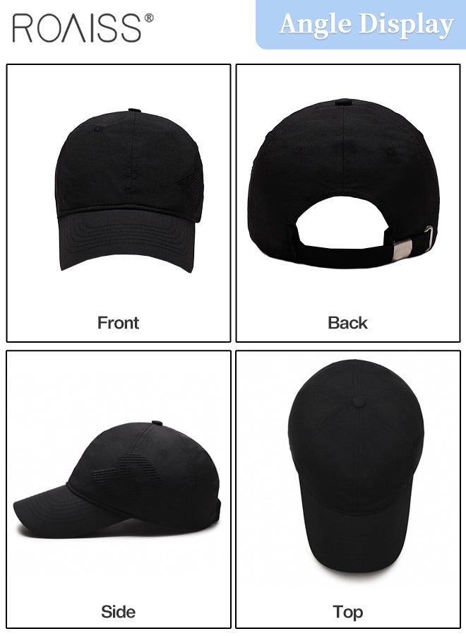 رويس قبعة بيسبول سريعة الجفاف قابلة للتهوية للحماية من الشمس للنساء والرجال، خفيفة الوزن وقابلة للتهوية ومطرزة بحروف، قبعة رياضية خارجية قابلة للتعديل، قبعة جري رائعة، قبعة سائق شاحنة عادية باللون الأسود - Image 4