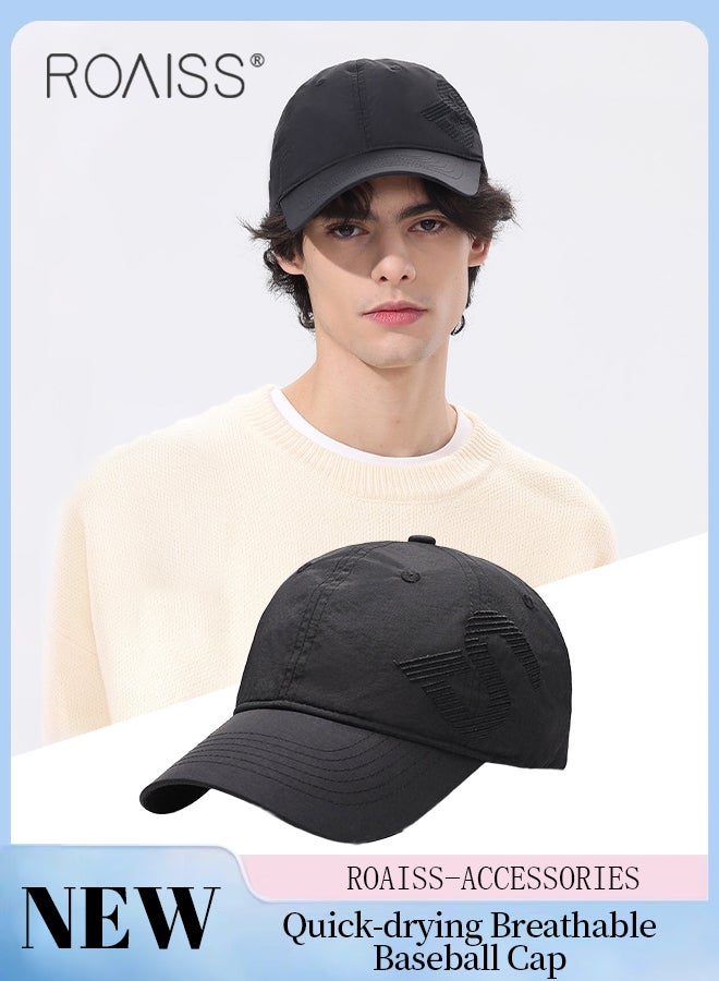 رويس قبعة بيسبول سريعة الجفاف قابلة للتهوية للحماية من الشمس للنساء والرجال، خفيفة الوزن وقابلة للتهوية ومطرزة بحروف، قبعة رياضية خارجية قابلة للتعديل، قبعة جري رائعة، قبعة سائق شاحنة عادية باللون الأسود - Image 1