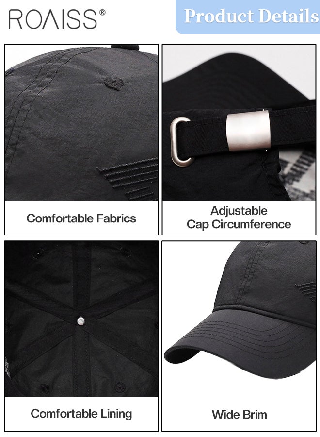 رويس قبعة بيسبول سريعة الجفاف قابلة للتهوية للحماية من الشمس للنساء والرجال، خفيفة الوزن وقابلة للتهوية ومطرزة بحروف، قبعة رياضية خارجية قابلة للتعديل، قبعة جري رائعة، قبعة سائق شاحنة عادية باللون الأسود - Image 3