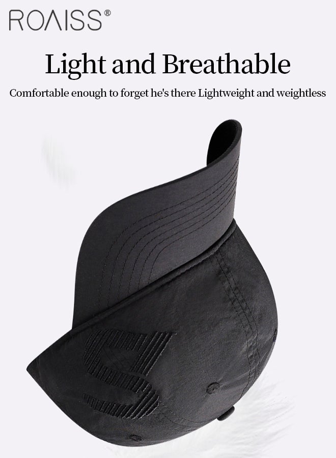 رويس قبعة بيسبول سريعة الجفاف قابلة للتهوية للحماية من الشمس للنساء والرجال، خفيفة الوزن وقابلة للتهوية ومطرزة بحروف، قبعة رياضية خارجية قابلة للتعديل، قبعة جري رائعة، قبعة سائق شاحنة عادية باللون الأسود - Image 5