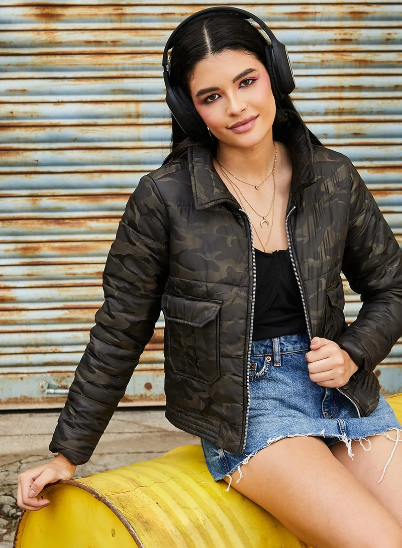 Campus Sutra Women's Brown Camouflage Bomber Jacket With Flap Pockets For Casual Wear | Spread Collar  | Long Sleeve | Zipper Closure | Jacket Crafted With Comfort Fit For Everyday Wear