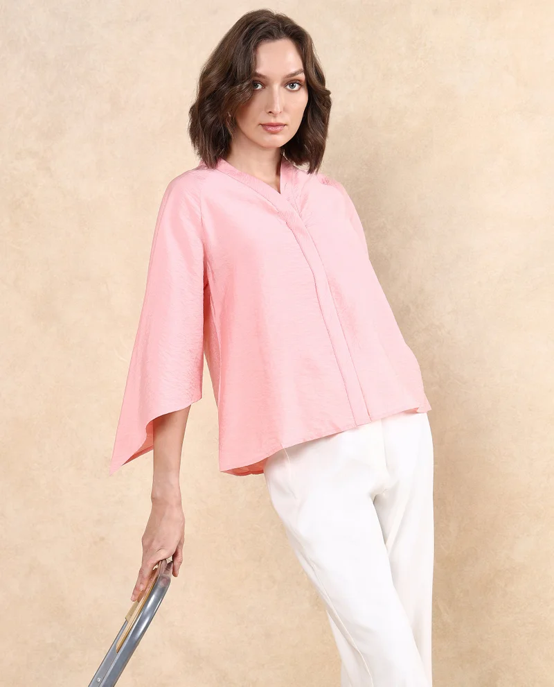 Rareism Rareism Women Palak Light Peach Raglan Sleeves V-Neck Asymmetric Sleeve Top