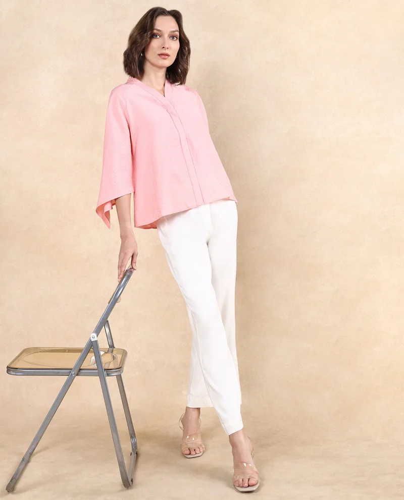 Rareism Women's Modern Chic V-Neck Asymmetric Sleeve Top