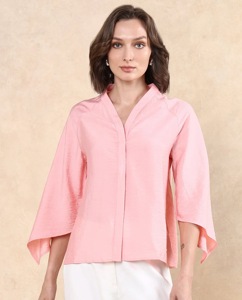 Rareism Women's Modern Chic V-Neck Asymmetric Sleeve Top
