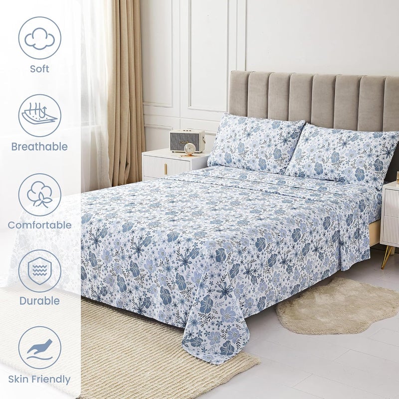 Mooreeke King Size Sheets Set - 4 Piece Soft Breathable Microfiber Bed Sheet Set - Blue & White Flower Pattern Sheet Set King - Deep Pocket Non-Slip Floral Fitted Sheet Included for All Season - Image 3