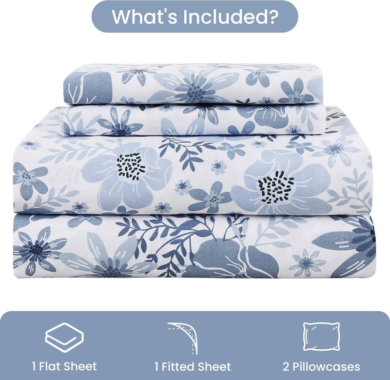 Mooreeke King Size Sheets Set - 4 Piece Soft Breathable Microfiber Bed Sheet Set - Blue & White Flower Pattern Sheet Set King - Deep Pocket Non-Slip Floral Fitted Sheet Included for All Season - Image 2