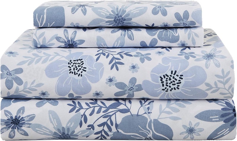 Mooreeke King Size Sheets Set - 4 Piece Soft Breathable Microfiber Bed Sheet Set - Blue & White Flower Pattern Sheet Set King - Deep Pocket Non-Slip Floral Fitted Sheet Included for All Season - Image 1