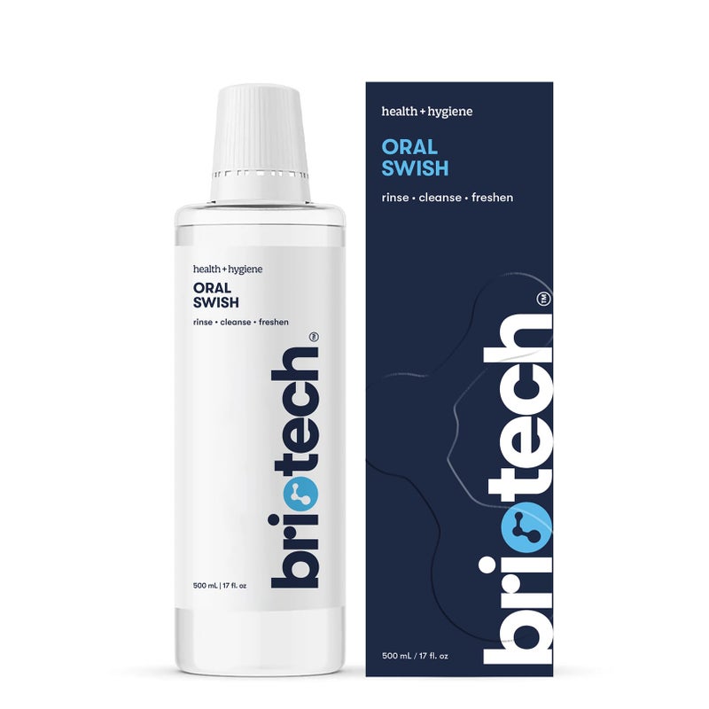 BRIOTECH Oral Swish, Hypochlorous Acid Mouthwash Rinse, Gentle Oral Care Hygiene, Fight Bad Breath, Support Against Plaque, Gum Irritation & Tender Gums, Alcohol & Fluoride Free, 17 fl oz - Image 1