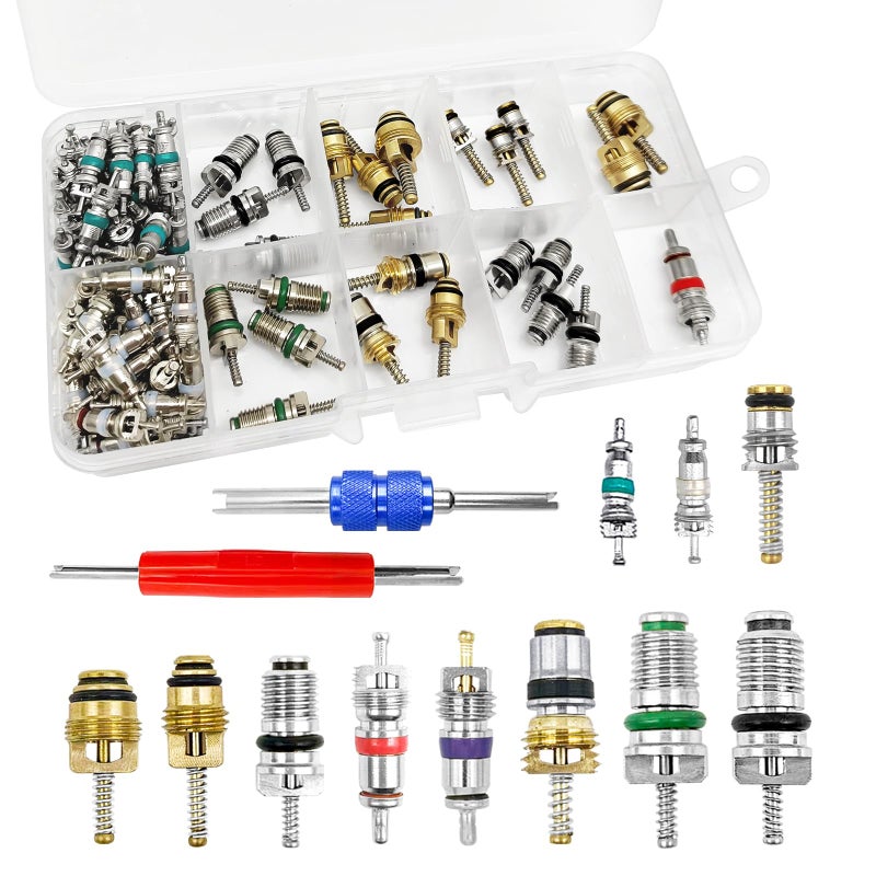 102Pcs Air Conditioning Valve Core Valve Cores Accessories AC R12 R134a Accessories Kit Automotive Air Conditioning Refrigeration Tire Valve Stem Cores Repair Tool Assortment Kit