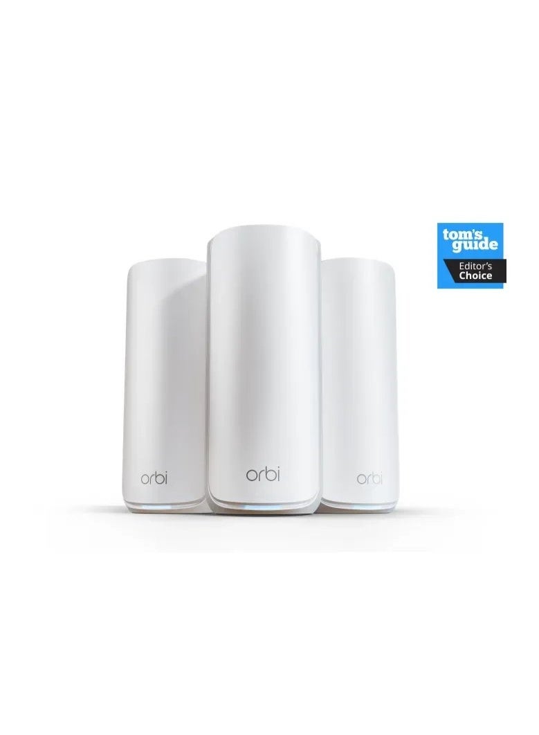 NETGEAR Orbi 870 Series RBE873 Tri-Band WiFi 7 Mesh System (3-Pack), Up to 21Gbps, BE21000, Covers Up to 9,000 sq.ft, Supports 150+ Devices, 6GHz/5GHz/2.4GHz, 10GbE WAN + 2.5GbE LAN, WPA3 Security, Router + 2 Satellites | RBE873-100EUS white - Image 1