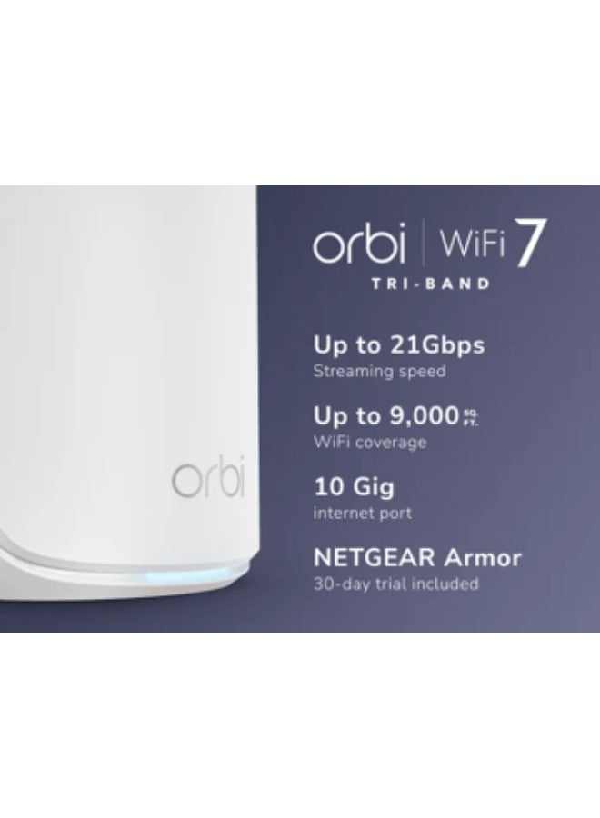 NETGEAR Orbi 870 Series RBE873 Tri-Band WiFi 7 Mesh System (3-Pack), Up to 21Gbps, BE21000, Covers Up to 9,000 sq.ft, Supports 150+ Devices, 6GHz/5GHz/2.4GHz, 10GbE WAN + 2.5GbE LAN, WPA3 Security, Router + 2 Satellites | RBE873-100EUS white - Image 2